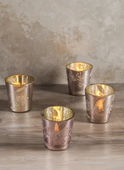 2.5in Tall Elizha Etched Leaf Burned Silver Glass Votive Candleholder