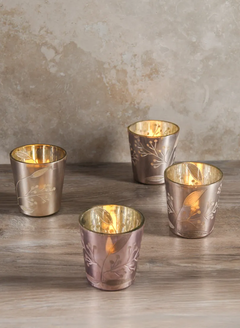 2.5in Tall Elizha Etched Leaf Burned Silver Glass Votive Candleholder
