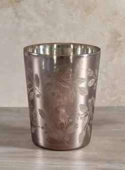 5in Tall Elizha Etched Leaf Burned Silver Glass Holder