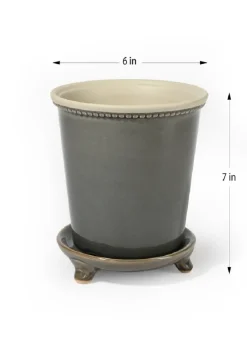 7in Tall Glazed Gray Ceramic Pot & Saucer