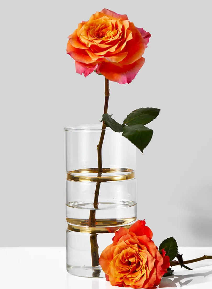 8in Tall Gold Band Round Glass Vase