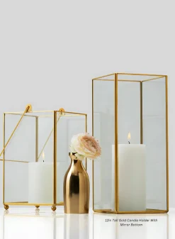 12in Tall Gold Candle Holder With Mirror Bottom