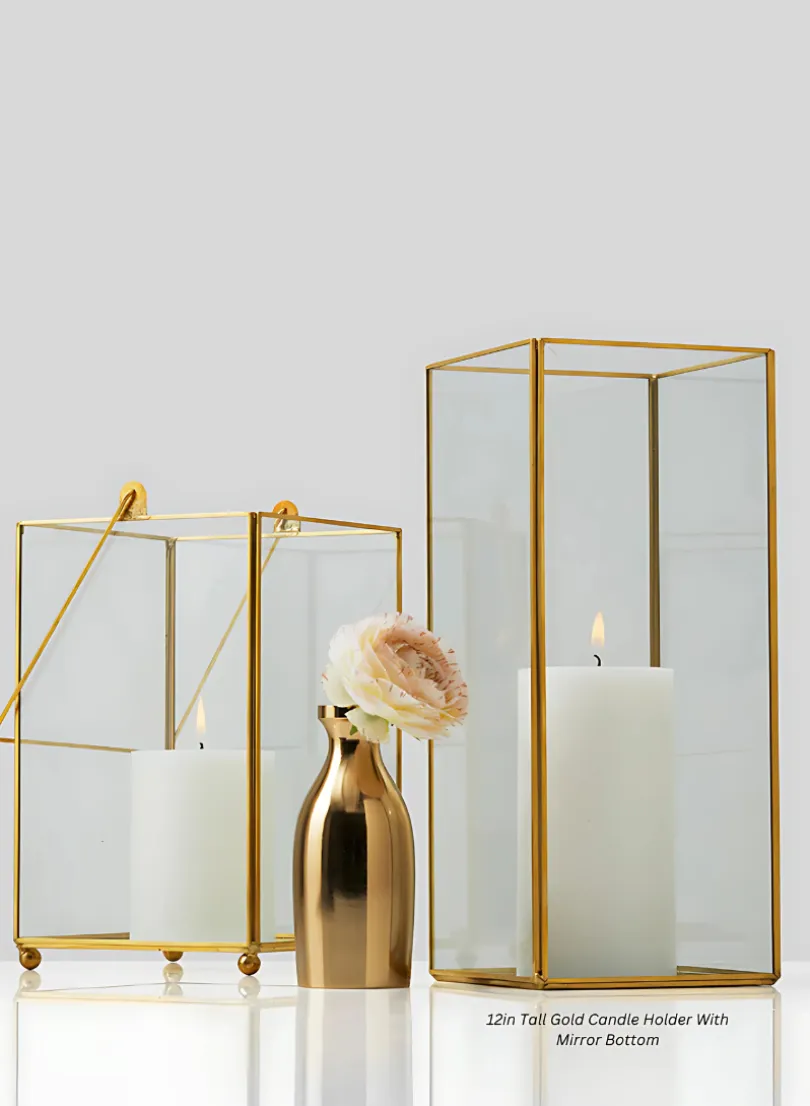 12in Tall Gold Candle Holder With Mirror Bottom
