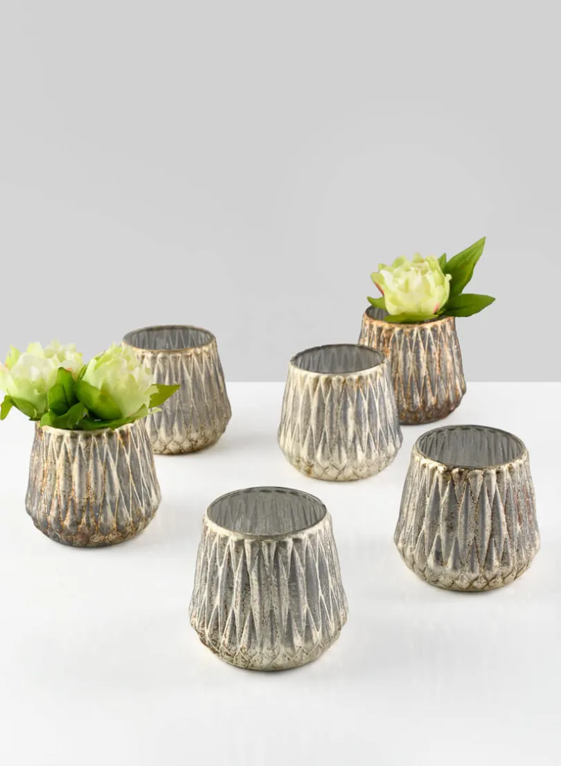 3.5in Tall Gold Diamond Glass Tea Light Holder, Set of 6