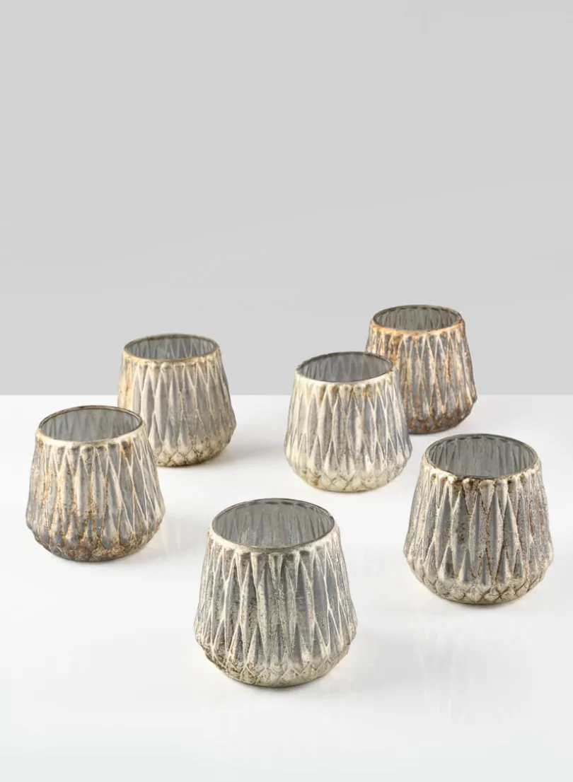 3.5in Tall Gold Diamond Glass Tea Light Holder, Set of 6