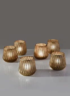 3.5in Tall Gold Diamond Glass Tea Light Holder, Set of 6