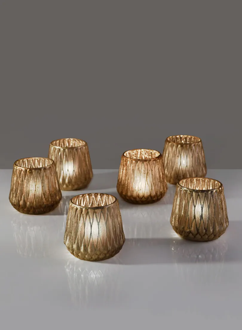 3.5in Tall Gold Diamond Glass Tea Light Holder, Set of 6