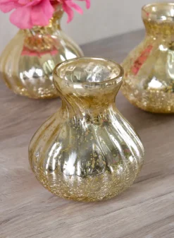 4in Tall Gold Half Crackle Bud Glass Vase, Set of 4