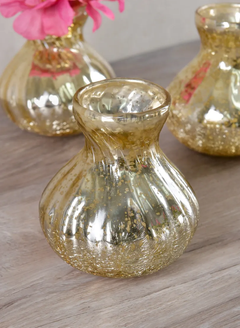 4in Tall Gold Half Crackle Bud Glass Vase, Set of 4