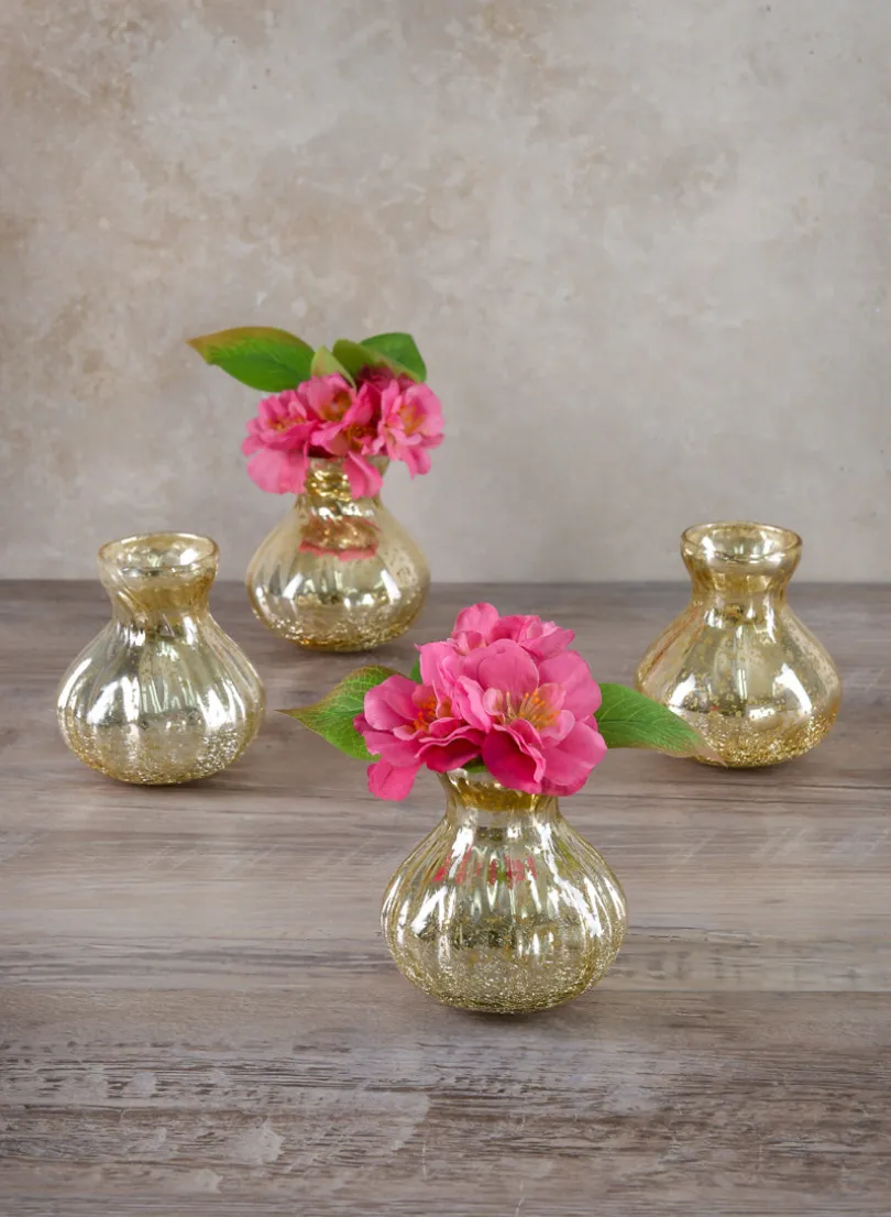 4in Tall Gold Half Crackle Bud Glass Vase, Set of 4