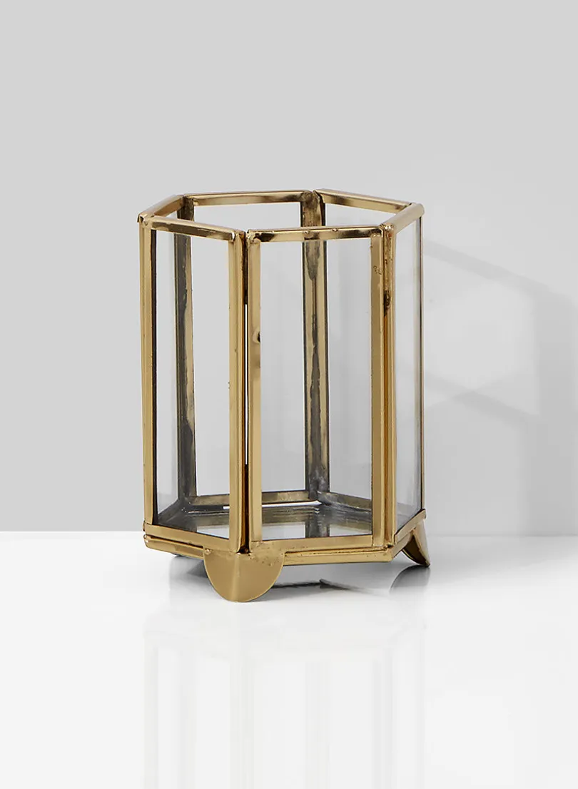 4in Tall Gold Hexagon Glass Tea Light Holder