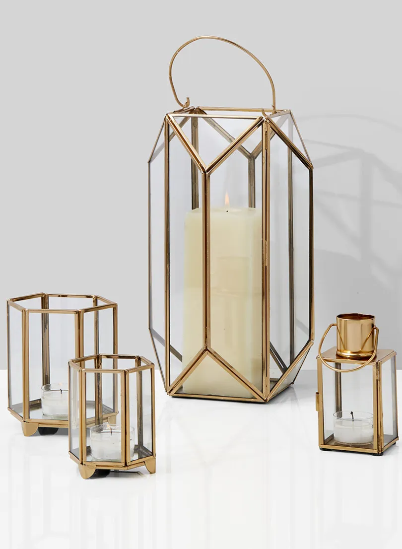 4in Tall Gold Hexagon Glass Tea Light Holder