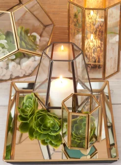 4in Tall Gold Hexagon Glass Tea Light Holder