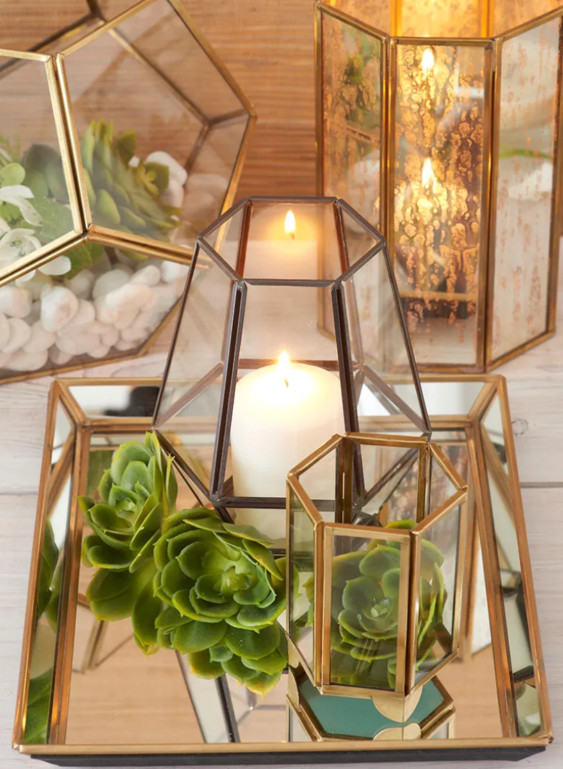4in Tall Gold Hexagon Glass Tea Light Holder