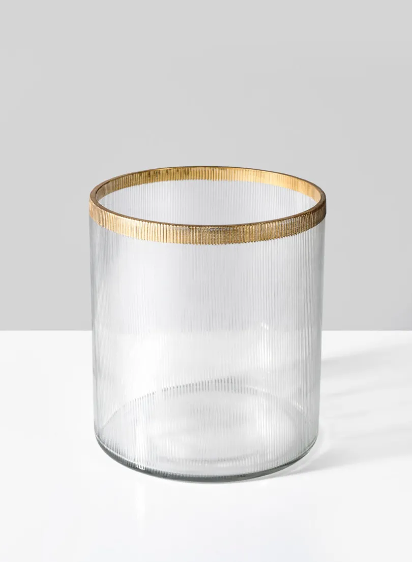 5.5in Tall Gold Rim Ribbed Glass Candle Hurricane