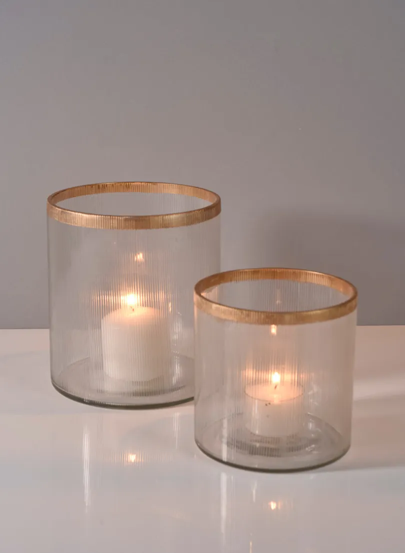 5.5in Tall Gold Rim Ribbed Glass Candle Hurricane