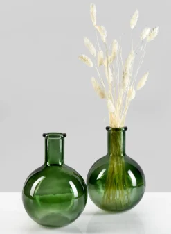 7in Tall Green Deco Glass Vase, Set of 2
