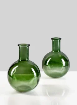 7in Tall Green Deco Glass Vase, Set of 2