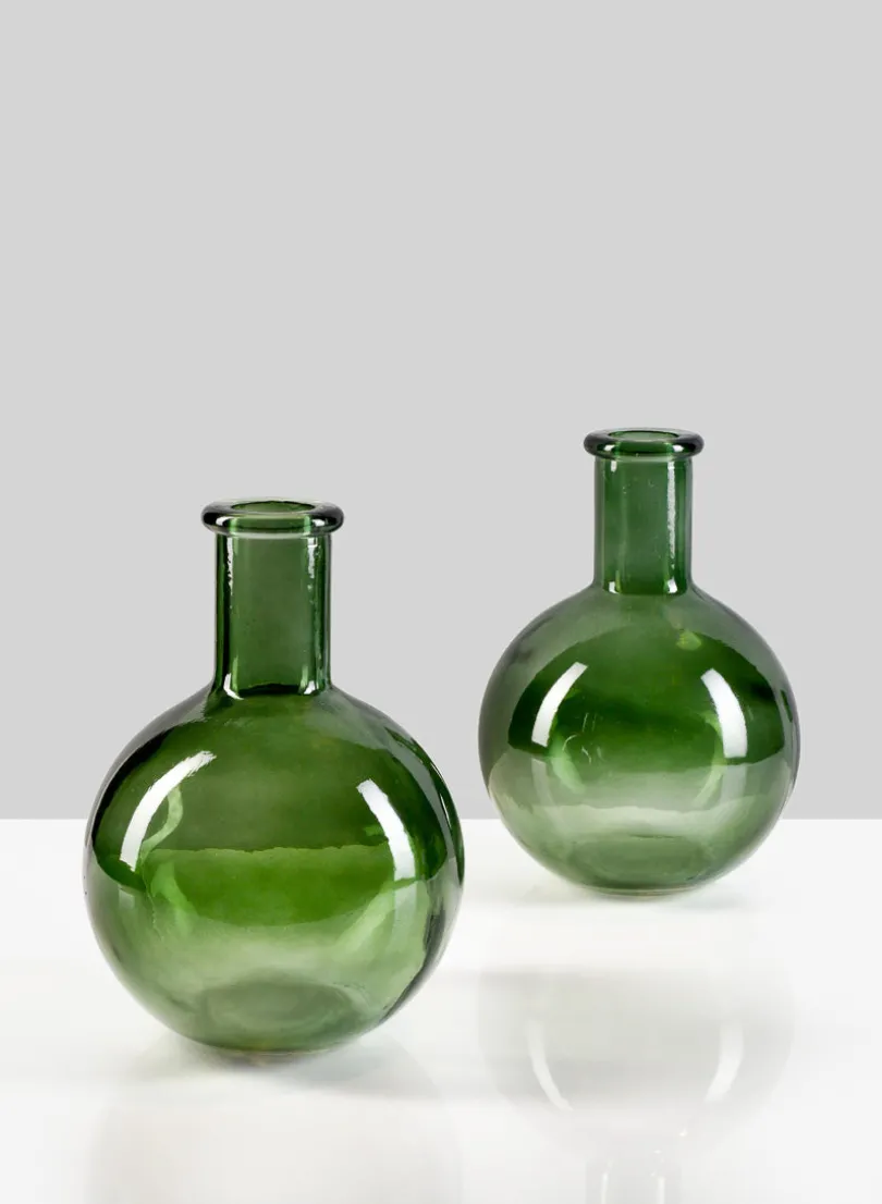 7in Tall Green Deco Glass Vase, Set of 2