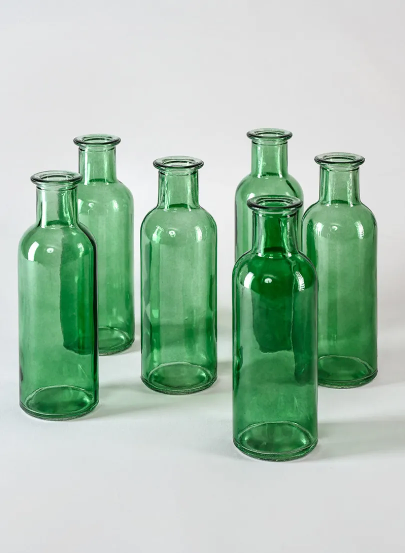 6.5in Tall Green Glass Bottle Bud Vases, Set of 6
