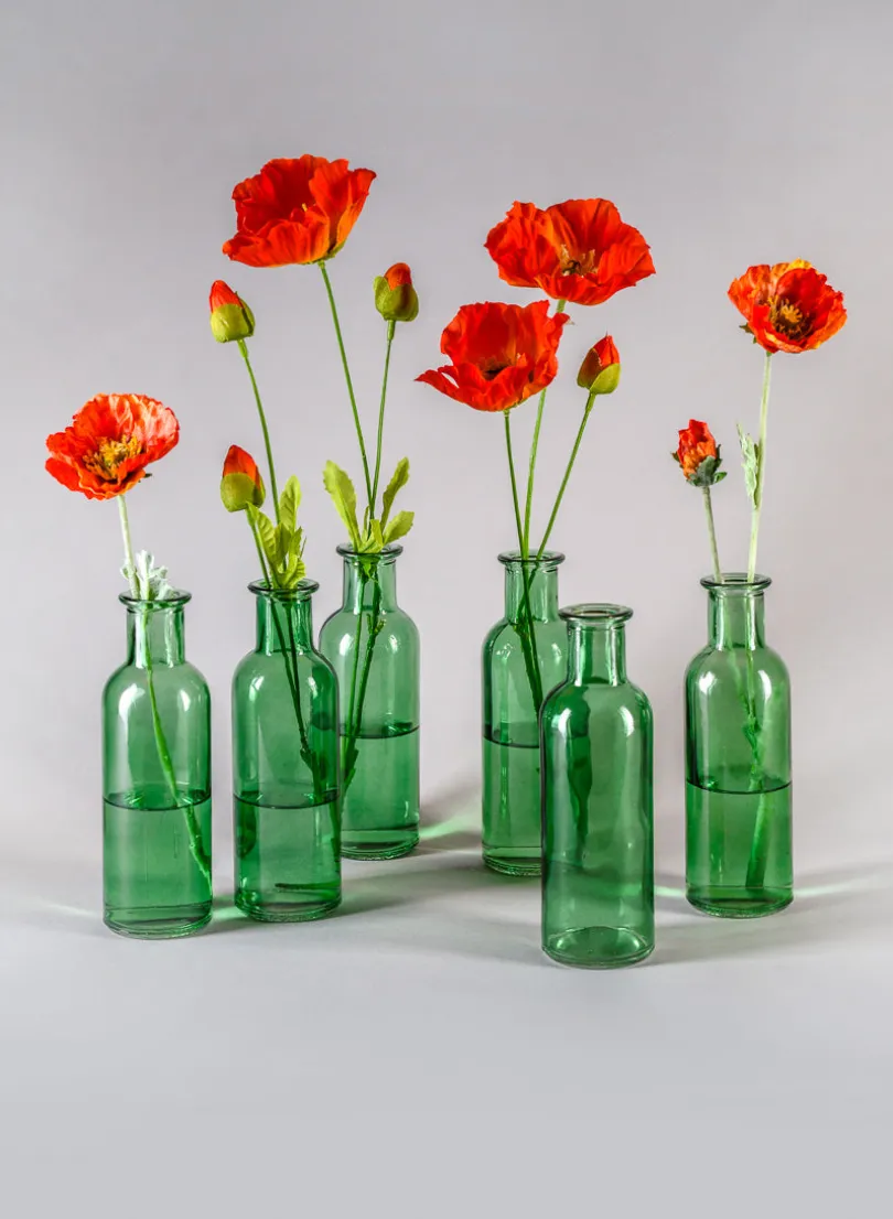 6.5in Tall Green Glass Bottle Bud Vases, Set of 6