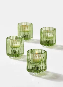 2.25in Tall Green Pleated Glass Tea Light Holder, Set of 4