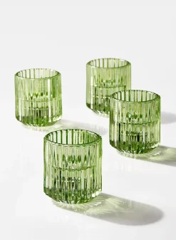2.25in Tall Green Pleated Glass Tea Light Holder, Set of 4