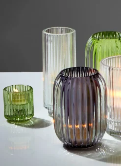 2.25in Tall Green Pleated Glass Tea Light Holder, Set of 4