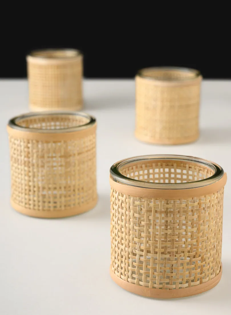 3in Tall Haiphong Cane Weaved Glass Cylinder, Set of 4