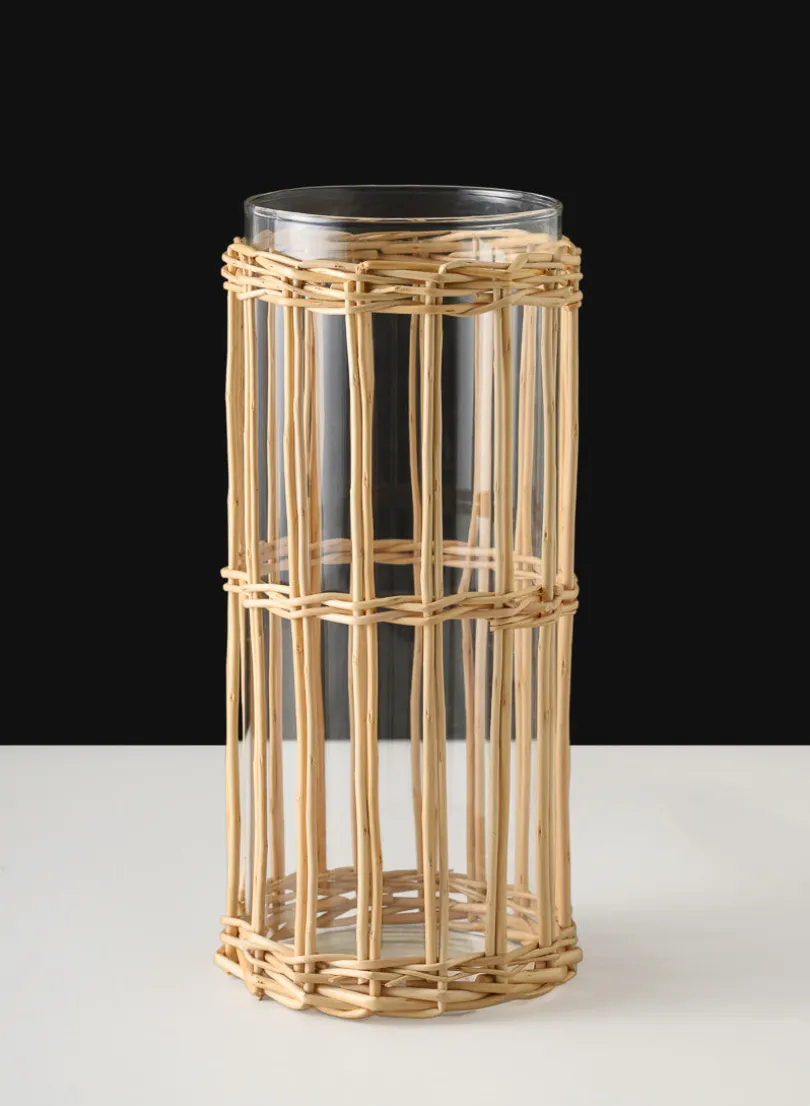 10in Tall Halong Cane Weaved Glass Cylinder
