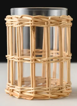 4.5in Tall Halong Cane Weaved Short Glass Cylinder, Set of 4