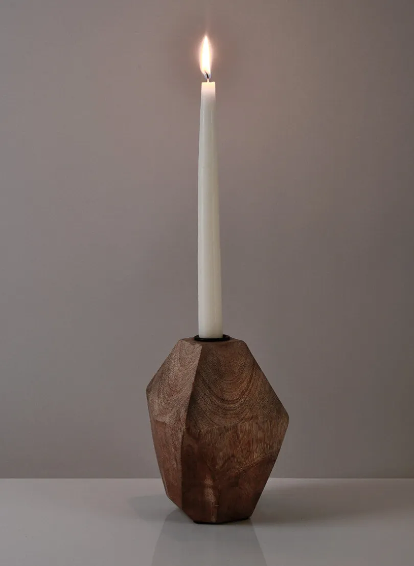 6in Tall Inca Wood Block Candlestick