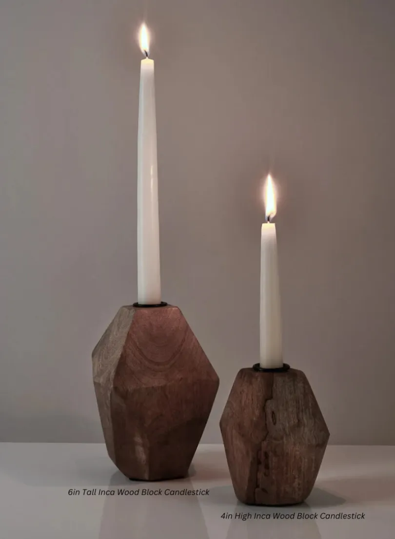 6in Tall Inca Wood Block Candlestick