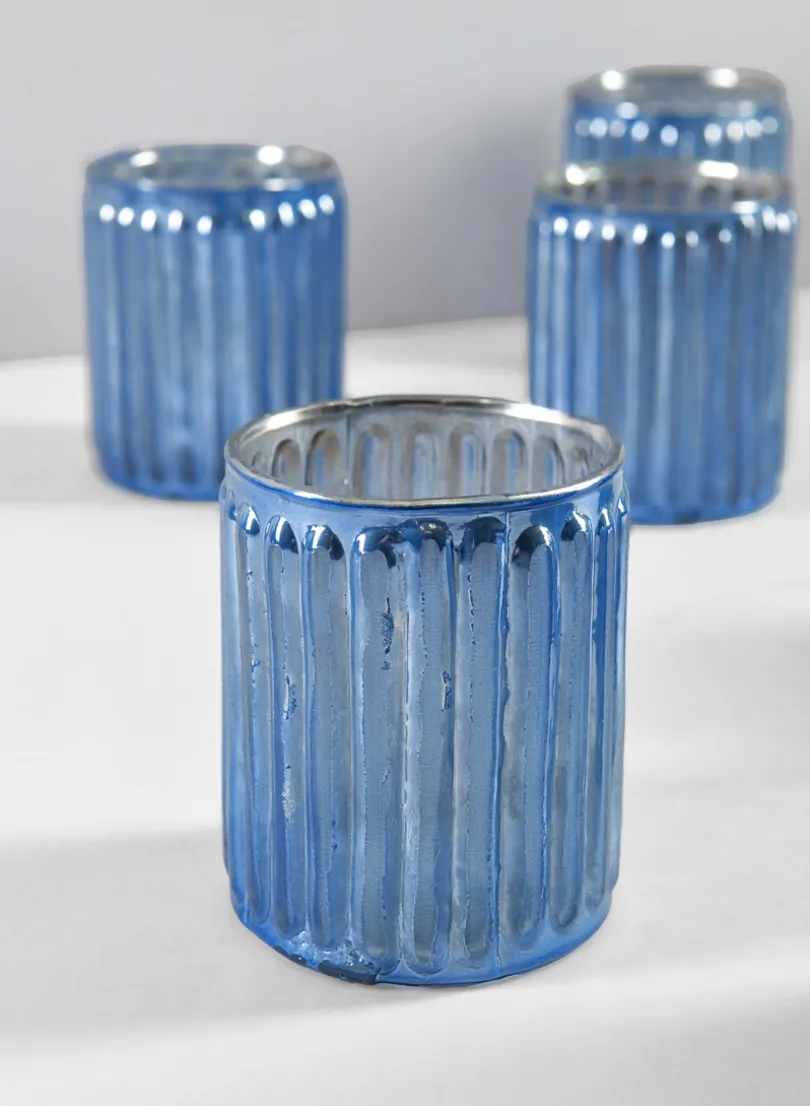 3in Tall La Fete en Antique Blue Glass Votive Holder, Set of 6