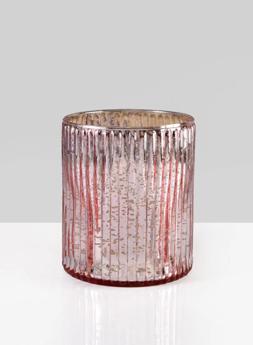 6in Tall La Fete en Rose Vintage Pink Ribbed Glass Cylinder