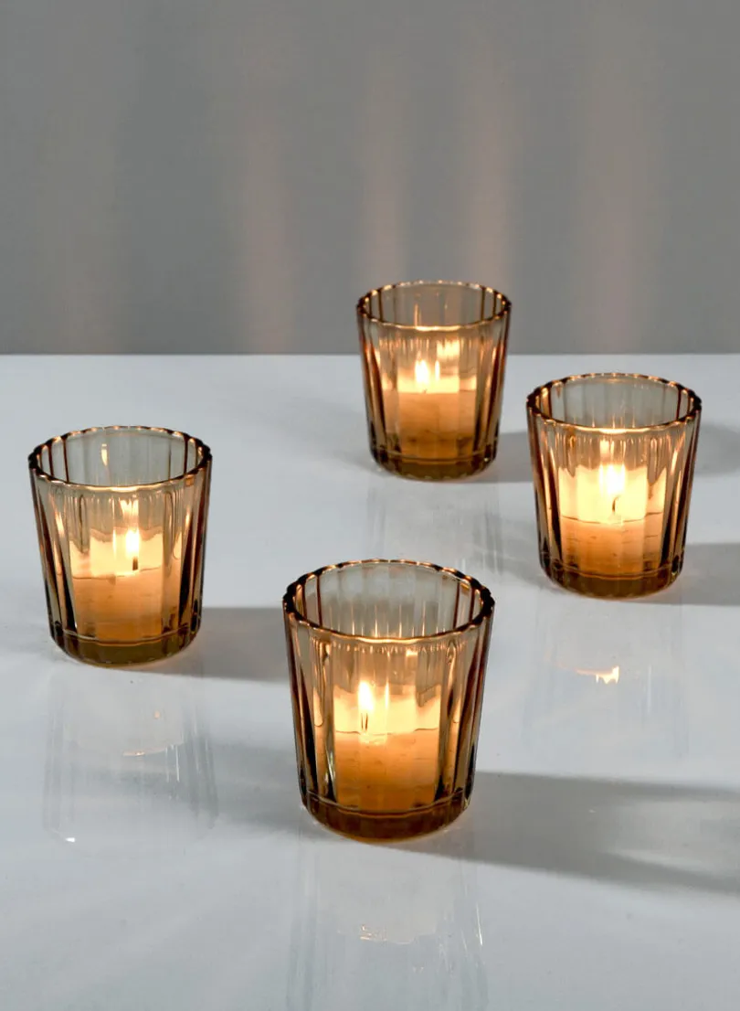2.5in Tall Light Amber Fluted Glass Votive Holder, Set of 4