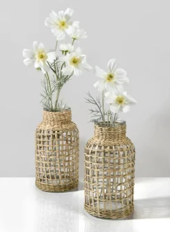8in Tall Los Cabos Rattan Glass Vases, Set of 2