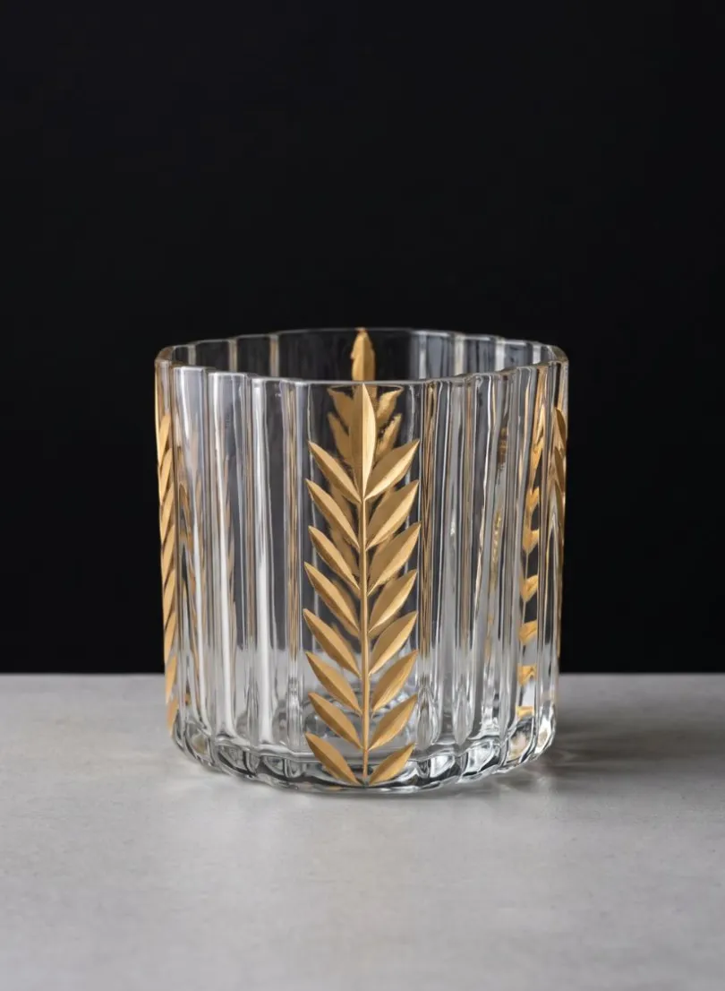 4in Tall Louvres Gold Leaf Etched Glass Candle Holder
