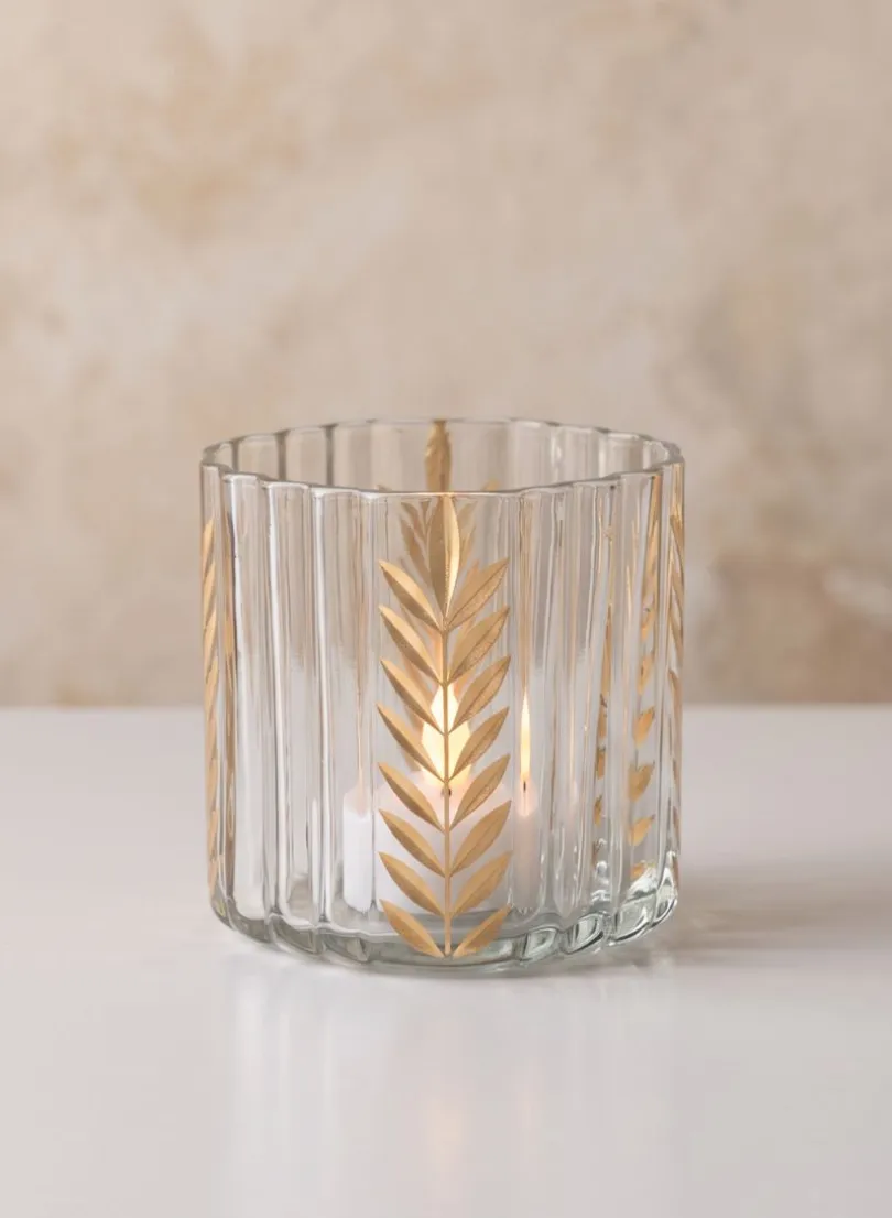 4in Tall Louvres Gold Leaf Etched Glass Candle Holder