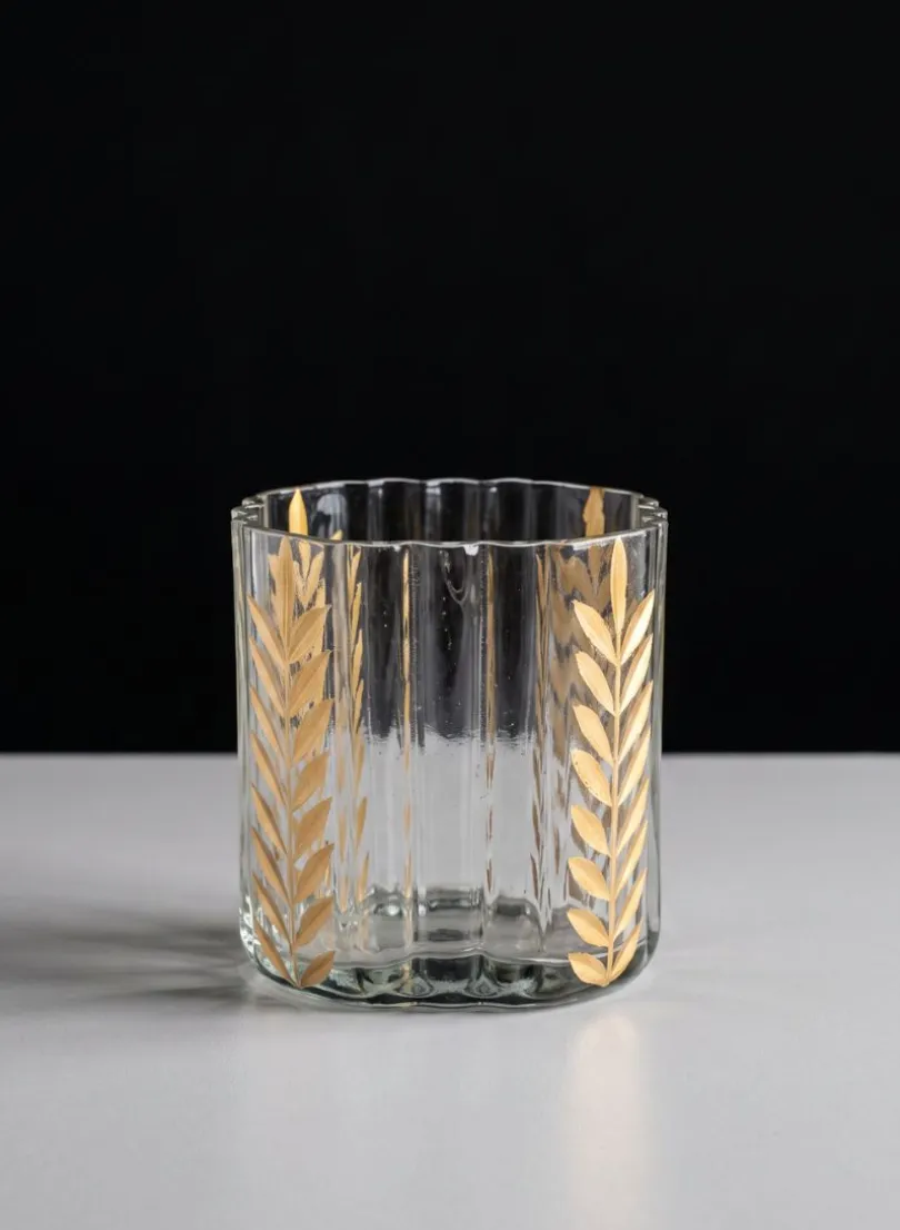 4in Tall Louvres Gold Leaf Etched Glass Candle Holder