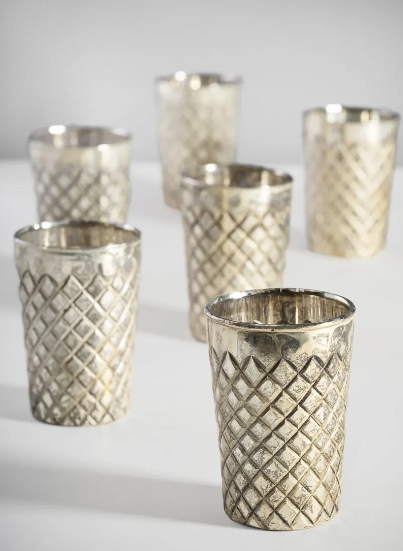 3.5in Tall Maharaj Tall Antique Silver Votive Holder, Set of 6