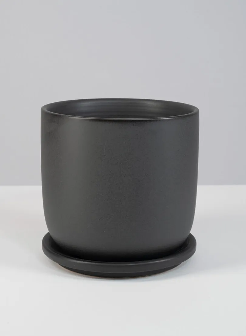 5.75in Tall Matte Black Aeon Ceramic Pot & Saucer