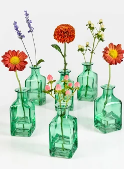 4.5in Tall Mexican Green Glass Square Bottle Bud Vase, Set of 6