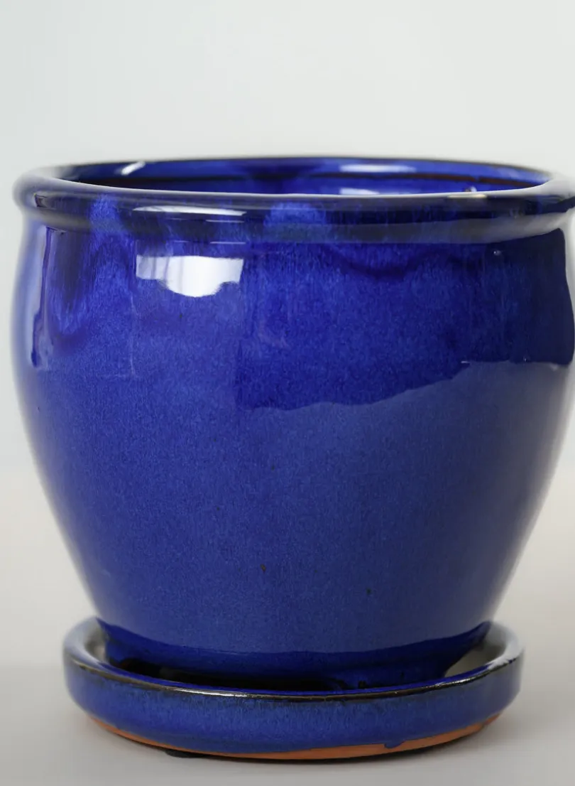 6in Tall Ming Blue Glaze Ceramic Pot with Saucer
