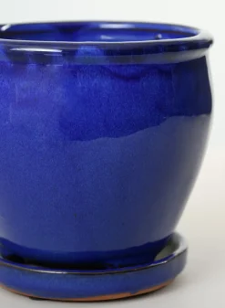 6in Tall Ming Blue Glaze Ceramic Pot with Saucer