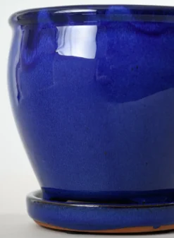 6in Tall Ming Blue Glaze Ceramic Pot with Saucer