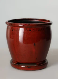 7in Tall Ming Oxblood Red Ceramic Pot with Saucer
