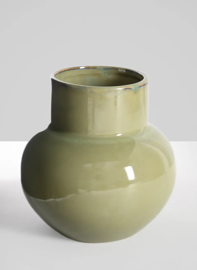 7in Tall Moss Green Glaze Ceramic Akaibara Vase
