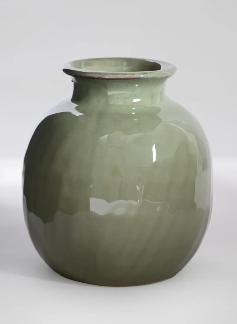 5.5in Tall Moss Green Glaze Ceramic Fuji Deco Vase