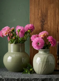 5.5in Tall Moss Green Glaze Ceramic Fuji Deco Vase